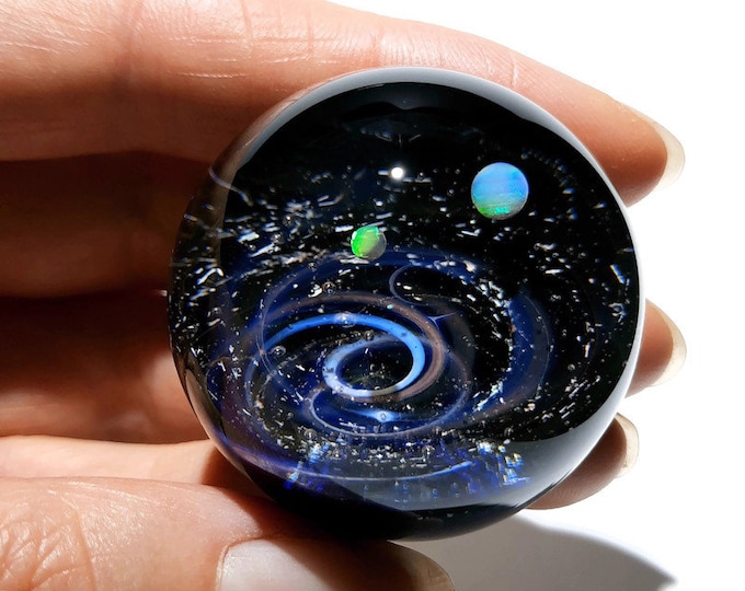 Paperweight -Glass Art -Blue Solar System -Corporate Galaxy Gift -Stars in Universe -Blown Glass -Home Decor -Handmade -Science -Anniversary