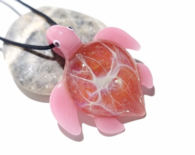 Sea Glass Turtle - Baby Pink - Turtle Pendant - Handmade - Glass Jewelry - Blown Glass - Gift for Her - Details of Silver & Gold