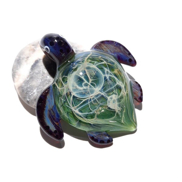 Water Fern Turtle Pendant - Glass Pendant - Glass Jewelry - Glass Art - Turtle - Blown Glass - Artist Signed - Details of Pure Silver