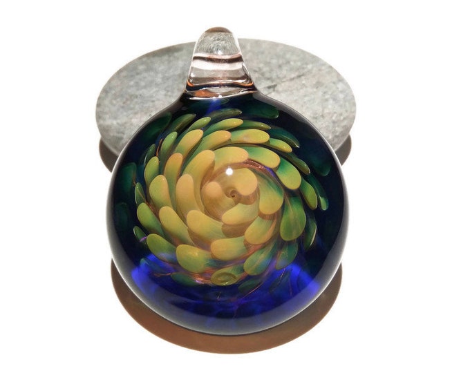 Sacred Flower Implosion Pendant - Hand Blown Glass Pendant - Handcrafted - Glass Art - Unique Necklace - Pure Gold with Cobalt