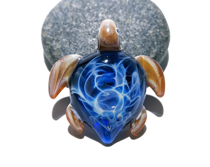 Baby Turtle - Vibrant Blue Turtle Pendant - Glass Pendant - Glass Jewelry - Glass Art - Blown Glass - Artist Signed - Detail of Pure Silver