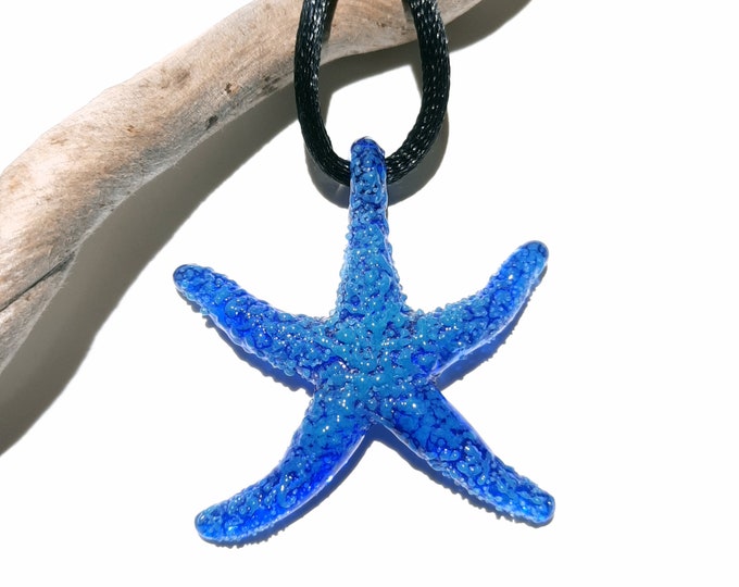 NEW! Blue Starfish - Glass Sea Star Pendant - Lampworked Handmade Necklace - Glass Ocean Jewelry - West Coast Art - Trending Glass