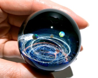 Large Size Galaxy Paperweight - Planetarium Gift - Cosmic Art glass - Three Opal Planets - A Galaxy in Glass - Blown Glass Space Marble