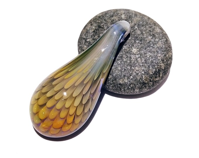 Feather & Flower Design- Handblown Jewelry - Unique Gift Glass - Creative Flocal Pendant - Teardrop Shape - Sunset Colors - 3D Glass Art