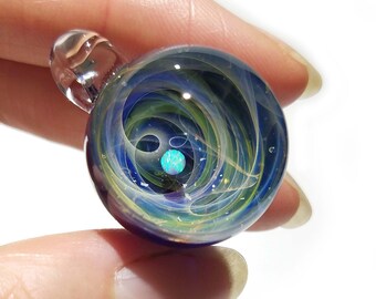 NEW! Blown Glass Pendant -Golden Gift -Infinite Stars -Opal -Space -Neurology Gift -Trending Art -Science Jewelry -Best Seller -Necklace