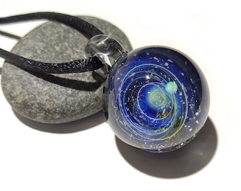 Glass Galaxy Pendant, With A white Opal Planet - Blue Solar System, Cosmic Gift Idea, Unique Space Gift, Universe in Glass, Handmade Glass