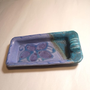 Vintage Rectangle Violet/Green Flower Petals Motif Art Pottery 2 Cigarette Rests Ashtray