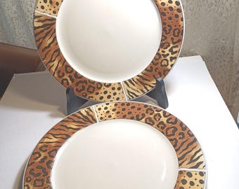 Vintage 1997 MAJESTIC-WARE by SAKURA Leopard Edge Print (2) Dinner Plates