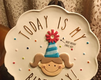 P. Cottontail MUDPIE "Today is my Birthday" Hand Painted Ceramic - 2017 GIRL'S Candle Plate