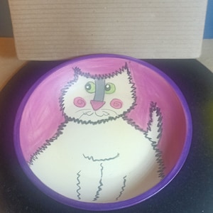 May include: A hand-painted ceramic bowl with a white cat design. The cat has green eyes, a gray nose, and pink cheeks. The bowl is painted in shades of pink, purple, and white.
