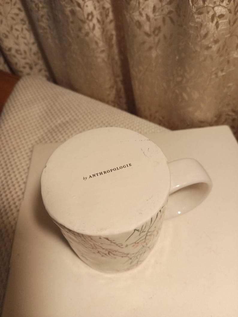 Puede incluir: Taza de cer&aacute;mica blanca con un dise&ntilde;o floral en rosa y verde. La taza tiene un asa curva y el texto "by ANTHROPOLOGIE" impreso en la parte inferior. La taza est&aacute; sobre una superficie blanca.