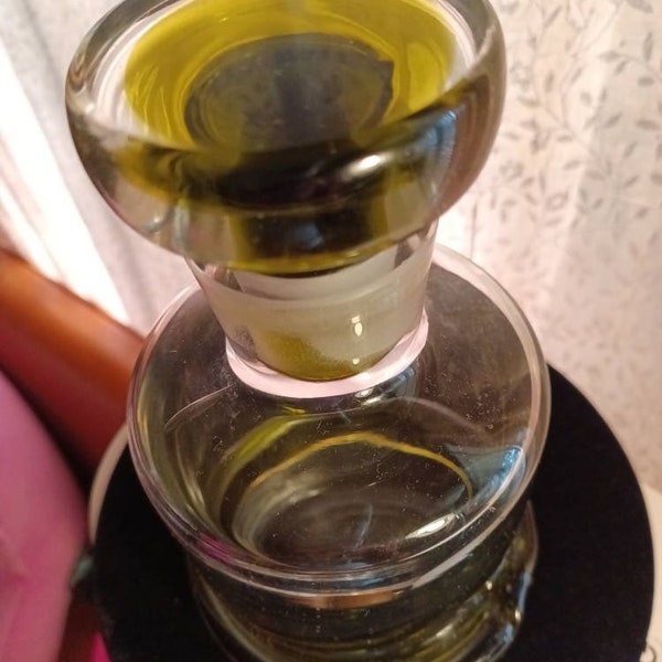 Vintage Olive Green Tint Solid Glass and Stopper Liquor DECANTER/Attached Glass Belt Near the BASE