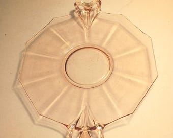 Vintage Pink Depression Era Glass Double Handle Octagonal Shape Serving Plate