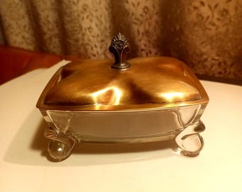 1847 ROGERS & BRO Rectangle Glass Base/Silver/Brass Top/Finial - 4 Feet - Unhinged dish