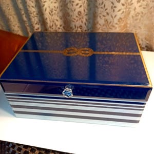 Rectangle Navy Blue/White Striped Black Velvet Interior Plexi-Glass Hinged Jewelry/Trinket BOX