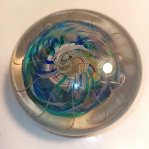 Clear Multi-Color Swirls/Bubbles/Spiderwebs Round Art Glass Paperweight