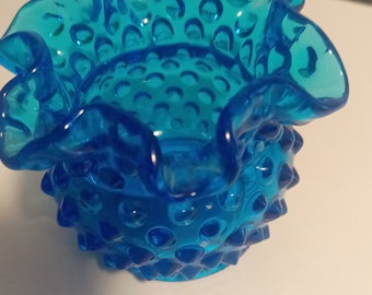 Vintage Small Fenton Hobnail Colonial Blue Ruffled Top Glass VASE