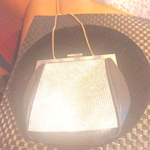 VINTAGE Black/Silver Sequence Faux Leather Evening/Cocktail Clutch/Chain Strap Bag (SILVER HARDWARE)