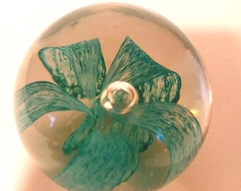 Collectible Glass with a Bubble on top of Flowing Agua Ribbons PAPERWEIGHT