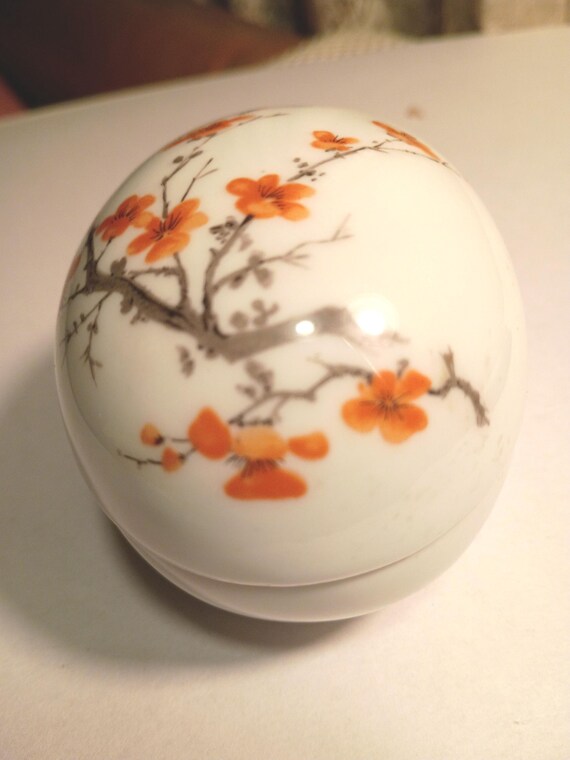 LIMOGES Egg Shape Porcelain Hand Painted Orange Flowers Unhinged Trinket Box | France