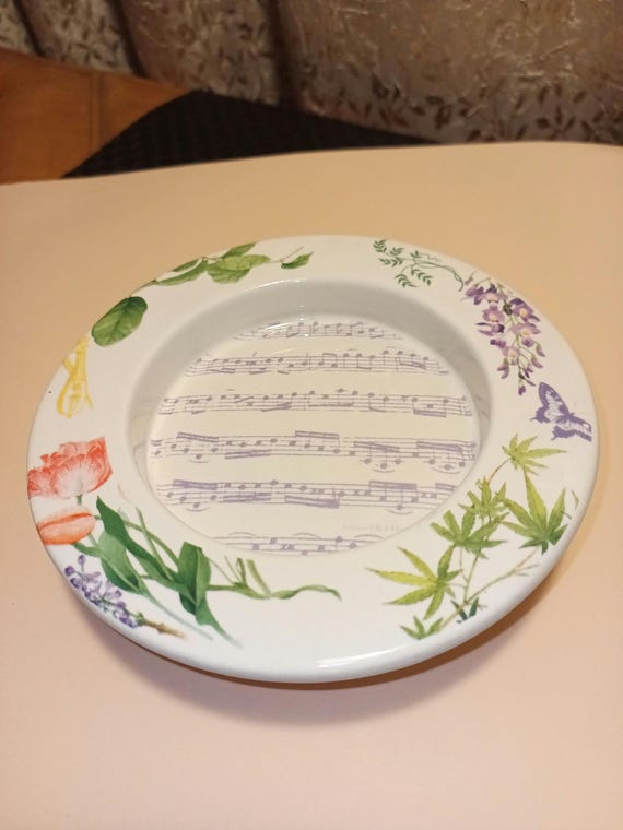ELLEN BLONDER Open Round Ceramic Musical Notes/Floral/Footed Trinket DISH