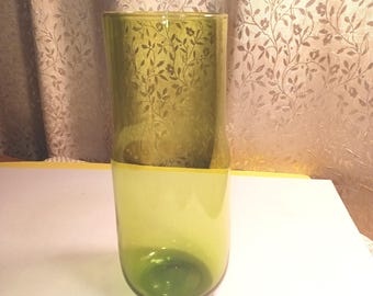 Studio Hand Blown Art Glass Green Flower Vase - Unknown Maker**