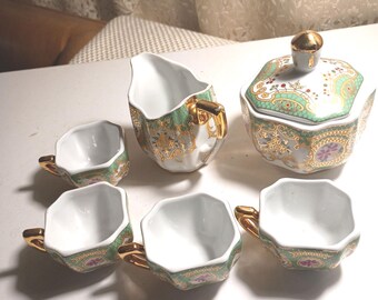 Vintage ROYAL VIENNA Porcelain Creamer & Sugar Bowl/4 Mini Cups Green/Gold Gild