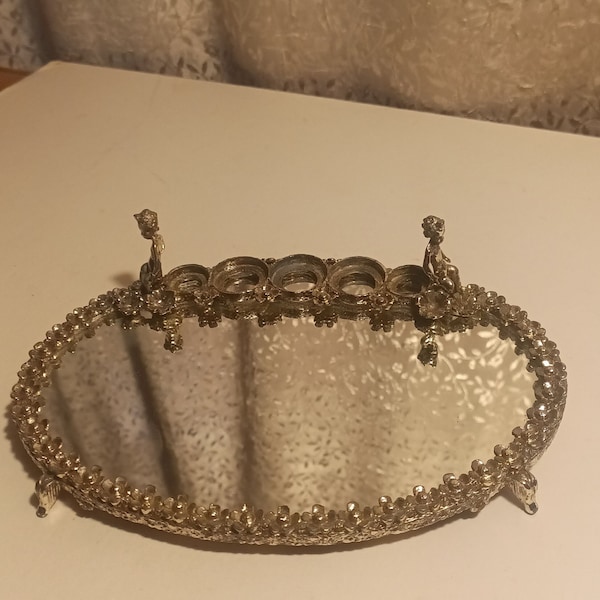 Vintage/Antique VANITY - Gold Tone Floral Border/Cherubs/5 Lipstick Holders - MIRRORED Oval Tray - on 4 FEET**