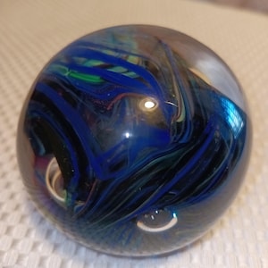 Vintage Hand-Blown Studio Art Glass Multi-Color Swirled/Bubbles Pattern Paperweight