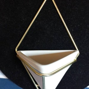May include: A white ceramic triangle planter with a gold metal frame. The planter is hanging from the frame.