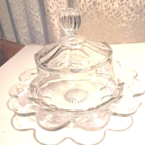 Vintage Round Petal Shape Edge Clear Solid Glass (HEAVY) Dome Sunburst Base Covered Cranberry Platter