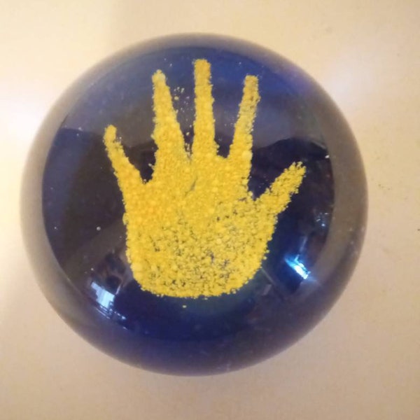 Collectible (RARE!) Cobalt Blue With yellow Handprint in GOLD PAPERWEIGHT