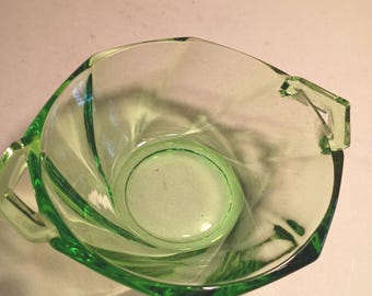 Vintage Green Depression Era Small Octagon Shape Glass Condiment Bowl/2 Handles