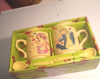 ELEGANT PORCELAIN and CERAMICS I Love you all the life | 2 Cups/Lids/ Spoons | New!