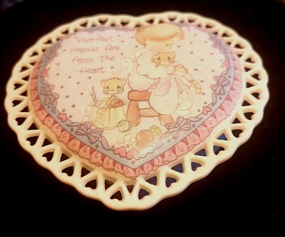 Vintage 1992 PRECIOUS MOMENTS "Purr-Fect Friends are From the Heart" - Heart Shape Porcelain Trinket Box