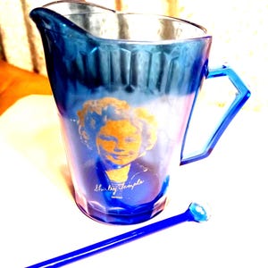 Vintage SHIRLEY TEMPLE Emblem Cobalt Blue Glass Pitcher/Creamer with Spoon
