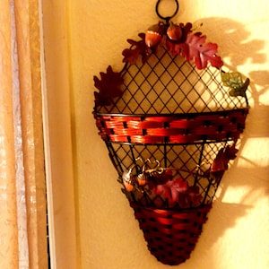 Wire/Wicker Wall Hanging Plant - Metal Acorns/Leaves Cone Shape Basket
