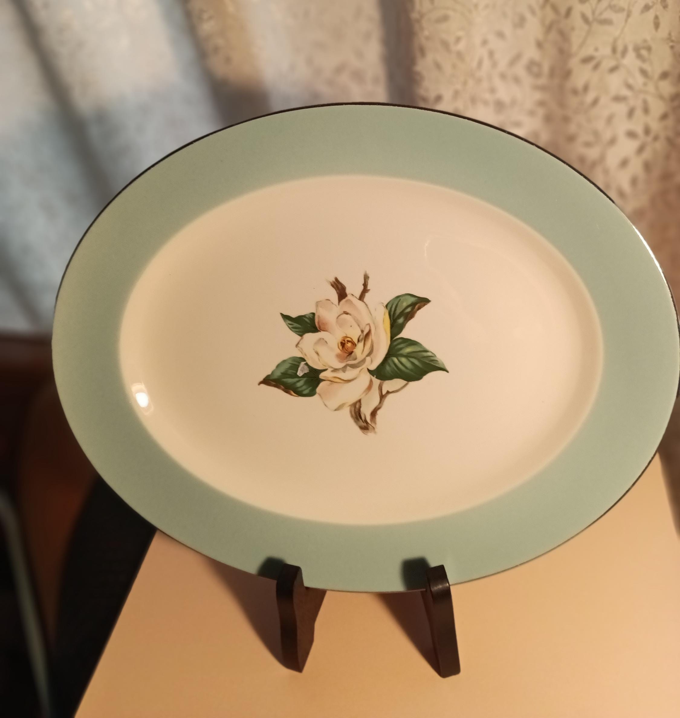 LIFETIME CHINA CO. Alliance, Ohio | White Magnolia Turquoise/Silver Accent Oval Serving Platter