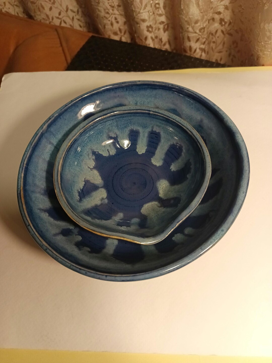 Vintage Hand Thrown Studio Art Glazed Stoneware Blue Drip Serving (2 ...