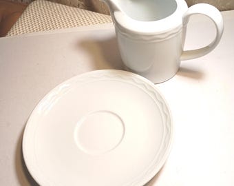 CRATE & BARREL White Embossed Spal Porcelain PALLAZO Creamer/Matching Under-plate | Portugal