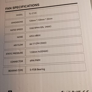 May include: White product specifications sheet for a heatsink fan. The sheet lists the model as TL-C12C, with dimensions of 120mm x 120mm x 25mm. It includes specifications for rated speed, noise, air flow, static pressure, connector, and bearing type.