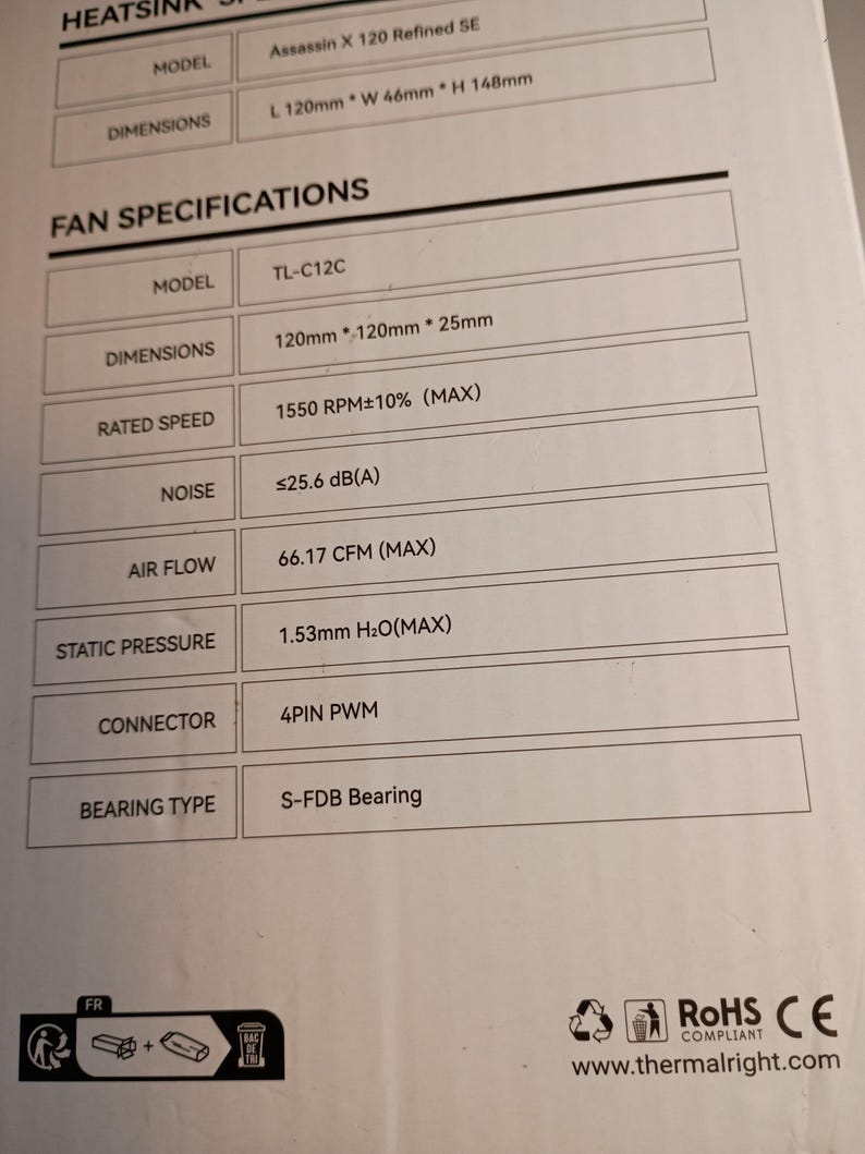 May include: White product specifications sheet for a heatsink fan. The sheet lists the model as TL-C12C, with dimensions of 120mm x 120mm x 25mm. It includes specifications for rated speed, noise, air flow, static pressure, connector, and bearing type.