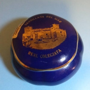 DECORADO A Mano Oro De Ley (Santillana Del Mar) Ceramic Cobalt Blue & Gold Trinket Box