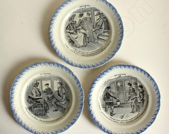 French ironstone transferware plates with railroad cartoons, set of three. 1890s railroadiana,  H. Boulenger & Cie faïencerie.