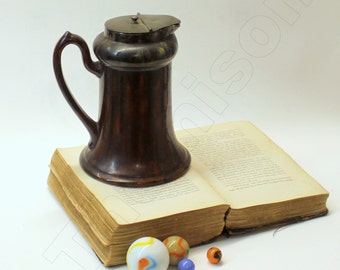 Arts and Crafts stoneware pitcher with lid. 1900s Belgian stoneware jug.