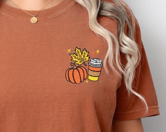 Embroidered Fall Vibes Comfort Colors® T-Shirt: Pumpkin Spice & Leaves