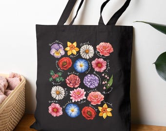 Personalized Birth Month Flower Tote Bag: Custom Cotton Canvas Grocery Bag