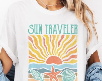 Comfort Colors® Sun Traveler Seashell Ocean Shirt | Summer Block Print Style T-Shirt