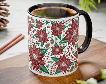 Poinsettia Festive Christmas Mug: Candy Cane Snowflake Acorn Ceramic Coffee Cup  (11oz, 15oz)