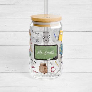 Personalized Teacher Sipper Glass, Teacher Appreciation Gift, Gift for Educator, Iced Coffee Lover, Bubble Tea & Iced Coffee Glass Cup, 16oz